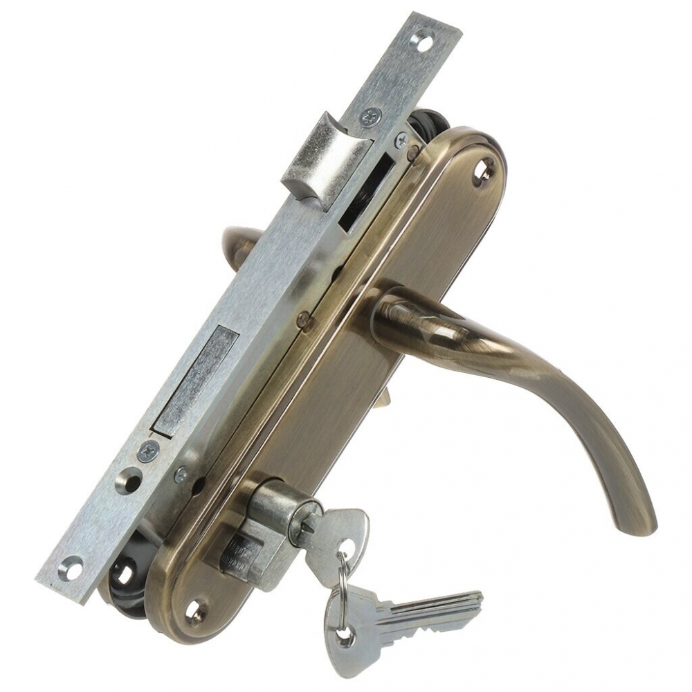 Фото Замок врезной цилиндровый с защёлкой в комплекте с ручкой ЗВ4-70.27 (ант.бронза), 4 кл.